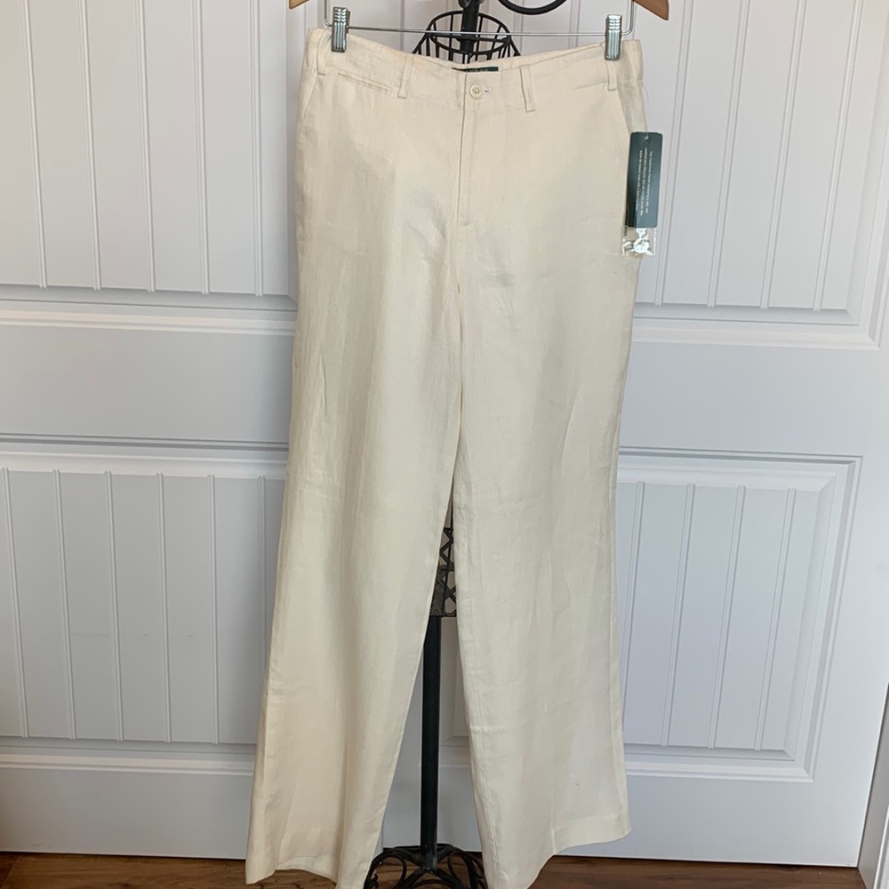 LAUREN RALPH LAUREN SANDERSON CLASSIC TROUSER , 100% LINEN WHITE SZ 8 NWT